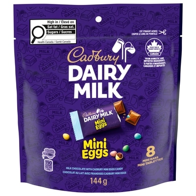 Cadbury DAIRY MILK Mini Eggs, chocolat au lait avec CADBURY Mini Eggs, sac de 8 mini-tablettes 144 g, 4,51 $/100g