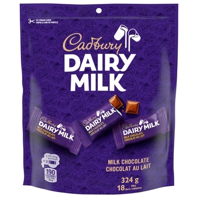 Cadbury DAIRY MILK, tablettes de chocolat au lait, sac de 18 mini-tablettes 324 g, 4,01 $/100g