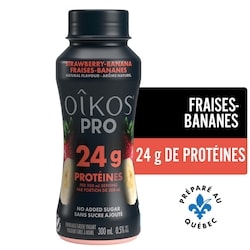Oikos Pro yogourt à boire protéiné, teneur élevée en protéines, fraises bananes 300 ml, 0,83 $/100ml