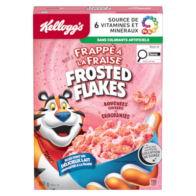 Kellogg’s Frosted Flakes Céréales saveur de frappé à la fraise 350 g, 1,14 $/100g