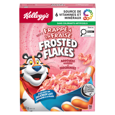 Kellogg’s Frosted Flakes Céréales saveur de frappé à la fraise 350 g, 1,65 $/100g