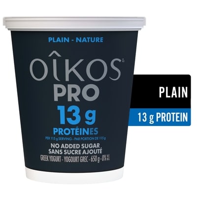 Oikos Pro yogourt grec protéiné, teneur élevée en protéines, nature 650 g, 1,15 $/100g