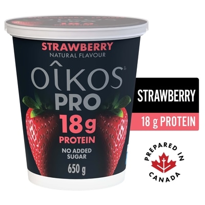 Oikos PRO High Protein Greek Yogurt, Strawberry, 18g protein 650 g, $1.15/100g