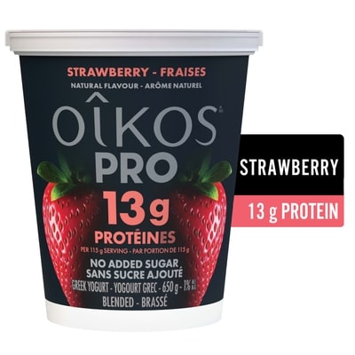Oikos Pro yogourt grec protéiné, teneur élevée en protéines, fraises 650 g, 1,15 $/100g