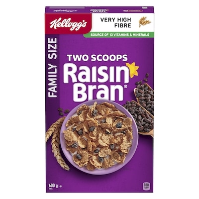Kelloggs Raisin Bran Cereal Family Size 600 g, $1.33/100g