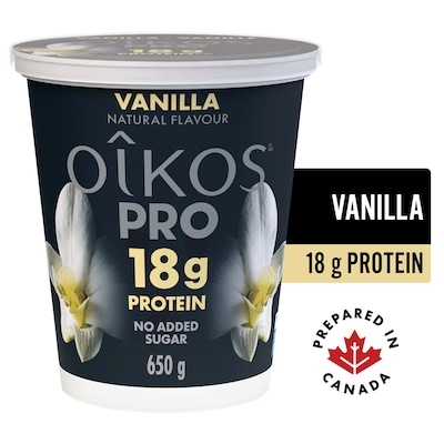 Oikos PRO High Protein Greek Yogurt, Vanilla, 18g protein 650 g, $1.00/100g
