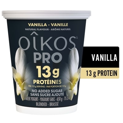 Oikos Pro yogourt grec protéiné, teneur élevée en protéines, vanille 650 g, 1,15 $/100g