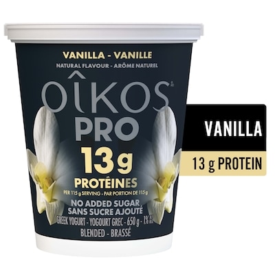 Oikos Pro yogourt grec protéiné, teneur élevée en protéines, vanille 650 g, 1,35 $/100g