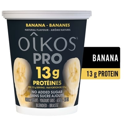 Oikos Pro yogourt grec protéiné, teneur élevée en protéines, bananes 650 g, 1,15 $/100g
