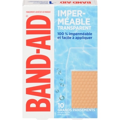 Band-Aid Grands pansements adhésifs imperméables et transparents, un format 10 ea, 0,85 $/1ch