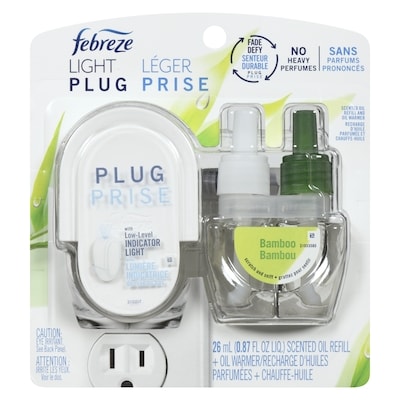 Febreze Assainisseur d’air Prise, trousse de départ d’huile parfumée qui combat les odeurs, parfum léger de bambou, chauffe-huile avec 1 recharge 26 ml, 3,46 $/10ml