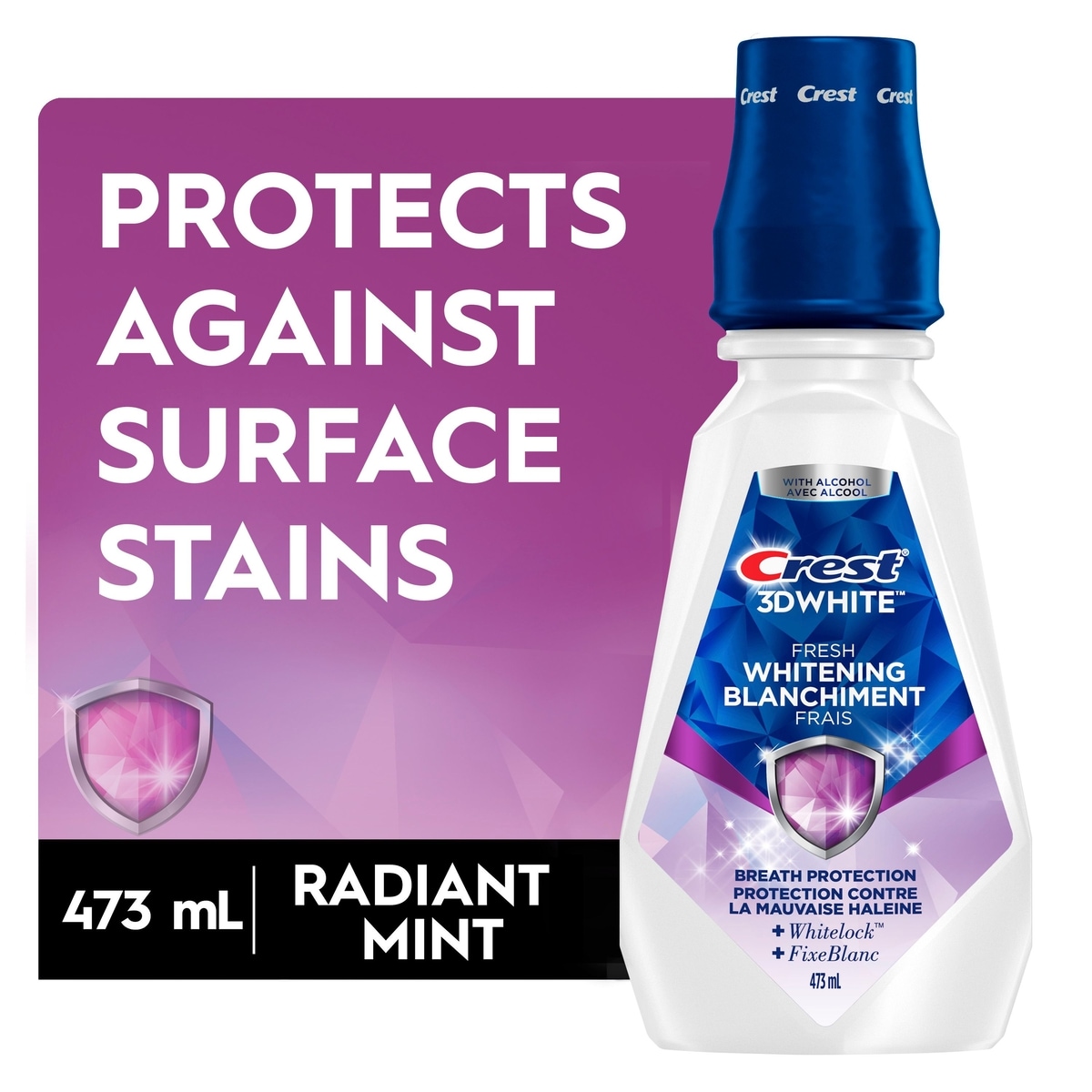 Crest 3D White Fresh Whitening Mouthwash/Mouth Rinse, Prevents Surface Stains, Kills Millions of Bad Breath Germs, Alcohol-Free, tic Mint Flavor  473 ml, $2.53/100ml