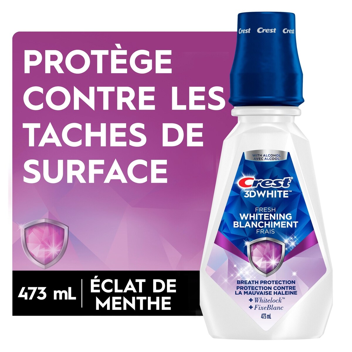 Crest Rince-bouche blanchissant  3D White Fraîcheur, prévient les taches de surface, tue des millions de germes responsables de la mauvaise haleine, sans alcool, saveur Menthe tique, 473 mL (16 oz liq.) 473 ml, 2,53 $/100ml