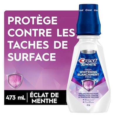 Crest Rince-bouche blanchissant  3D White Fraîcheur, prévient les taches de surface, tue des millions de germes responsables de la mauvaise haleine, sans alcool, saveur Menthe tique, 473 mL (16 oz liq.) 473 ml, 2,53 $/100ml