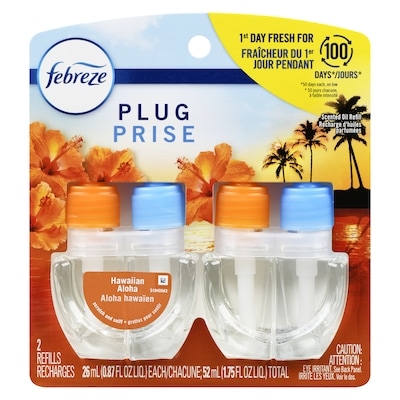 Febreze Assainisseur d’air Prise, recharge d’huile parfumée qui combat les odeurs, parfum Aloha hawaïen, 2 recharges 52 ml, 28,83 $/100ml