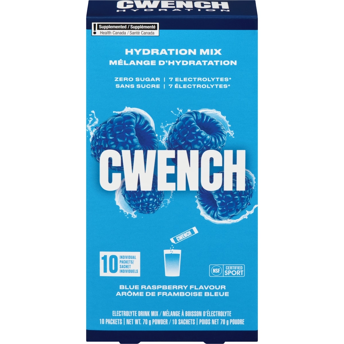 CWENCH Hydration Mix Electrolyte Drink Mix Powder Blue Raspberry Flavour 10 ea, $2.00/1ea