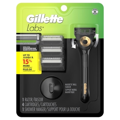 Gillette Rasoir Labs avec barre exfoliante pour hommes, édition noire et dorée, 1 manche, 4 cartouches de rechange, 1 support magnétique pour la douche 1 ea, 49,99 $/1ch