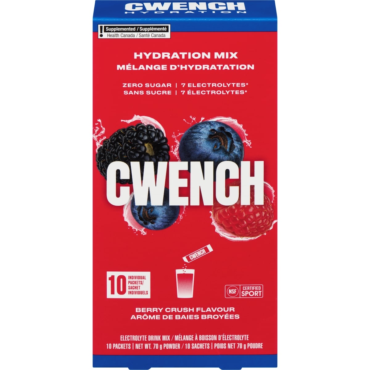 CWENCH Hydration Mix Electrolyte Drink Mix Powder Berry Crush Flavour 10 ea, $2.00/1ea
