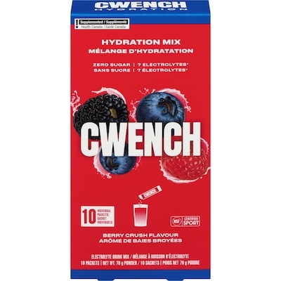 CWENCH Hydration Mix Electrolyte Drink Mix Powder Berry Crush Flavour 10 ea, $2.00/1ea