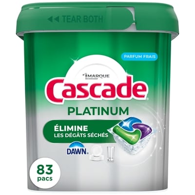 Cascade Capsules pour lave-vaisselle Platinum, détergent pour lave-vaisselle, savon détergent pour vaisselle, parfum Frais, 83 unités 83 ea, 0,40 $/1ch