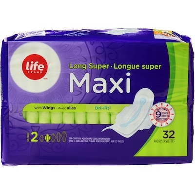 Life Serviettes longues super maxi, emballage de 32 32 ea, 0,17 $/1ch