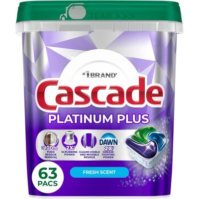Cascade Platinum Plus Dishwasher Pods, Dishwasher Detergent, Dish Detergent Soap, Fresh, 63 Count 63 ea, $0.56/1ea