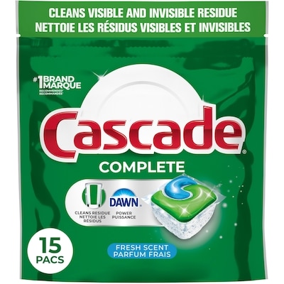 Cascade Détergent pour lave-vaisselle en capsules Complete, détergent pour lave-vaisselle, savon détergent pour vaisselle, parfum Frais, 15 unités 15 ea, 0,33 $/1ch