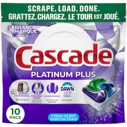 Cascade Sachets pour lave-vaisselle Platinum Plus, détergent pour lave-vaisselle, savon détergent pour vaisselle, parfum Frais, 10 unités 10 ea, 0,80 $/1ch