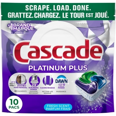 Cascade Sachets pour lave-vaisselle Platinum Plus, détergent pour lave-vaisselle, savon détergent pour vaisselle, parfum Frais, 10 unités 10 ea, 1,00 $/1ch