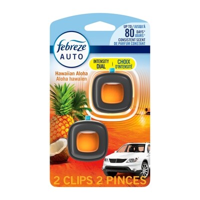 Febreze Assainisseur d’air pour voiture, pince pour bouche d’air automobile qui combat les odeurs, parfum Aloha hawaïen, 2 unités 4 ml, 22,48 $/10ml