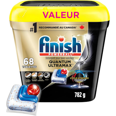 Finish Quantum UltraMAX Lessive automatique pour lave-vaisselle, frais – Élimine les taches brûlées et les taches séchées pendant 24 h, pas de pré-rinçage nécessaire 68 ea, 0,51 $/1ch