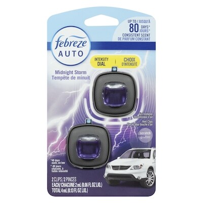 Febreze Assainisseur d’air pour voiture, éliminateur d’odeurs sous forme de pince pour bouche d’air d’automobile, parfum Tempête de minuit, 2 unités 4 ml, 237,25 $/100ml