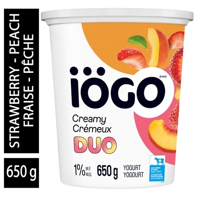 IOGO Duo Strawberry-Peach Yogurt Tub 1% 650 g, $0.69/100g