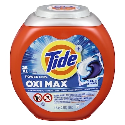 Tide Capsules de détergent à lessive Oxi Max Power PODS, détachant et puissance d’Oxi, 25 capsules 25 ea, 0,60 $/1ch