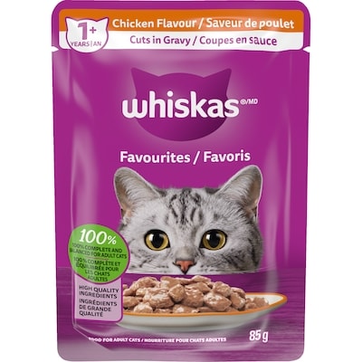 Whiskas Nourriture humide pour chats adultes Favoris coupes en sauce – saveur de poulet 85 g, 1,18 $/100g