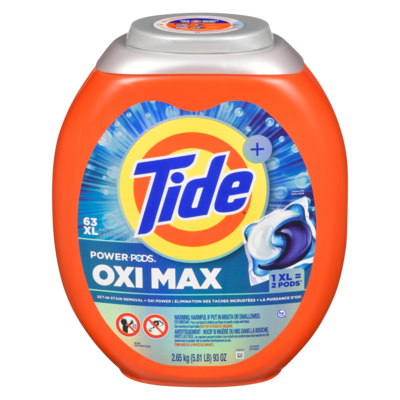 Tide Capsules de détergent à lessive Oxi Max Power PODS, détachant et puissance d’Oxi, 63 capsules 63 ea, 0,52 $/1ch
