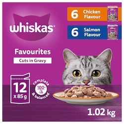 Whiskas Favourites Adult Wet Cat Food Cuts In Gravy Chicken & Salmon Pouch Variety Pack 12x85.0 g, $1.03/100g