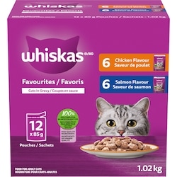 Whiskas Nourriture humide pour chats adultes Favoris coupes en sauce en format variété – saveur de poulet et de saumon 12x85.0 g, 1,03 $/100g