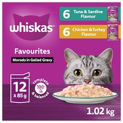 Whiskas Favourites Adult Wet Cat Food Morsels In Gelled Gravy Tuna & Sardine and Chicken & Turkey Pouch Variety Pack 12x85.0 g, $1.03/100g
