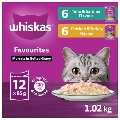 Whiskas Favourites Adult Wet Cat Food Morsels In Gelled Gravy Tuna & Sardine and Chicken & Turkey Pouch Variety Pack 12x85.0 g, $1.03/100g