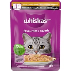 Whiskas Nourriture humide pour chats adultes Favoris bouchées dans une sauce en gelée – saveur de poulet et de dinde 85 g, 1,18 $/100g