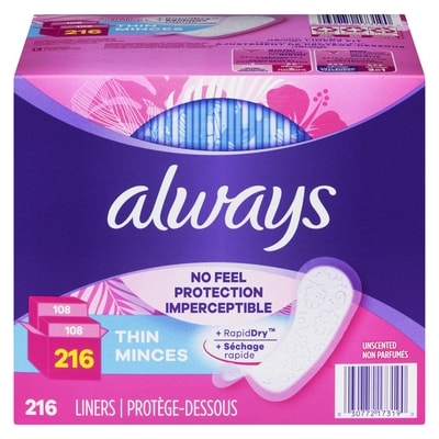 Always Thin No Feel Protection Daily Liners, Regular Absorbency, Unscented, 216 Count 216 ea, $0.08/1ea