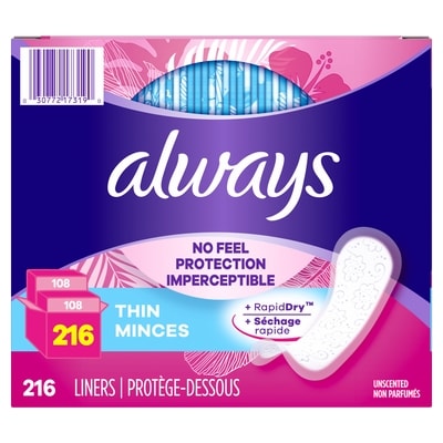 Always Protège-dessous quotidiens, degré d’absorption régulier, non parfumés, 216 protège-dessous 216 ea, 0,08 $/1ch