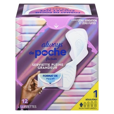 Always Serviettes féminines de poche avec FlexFoam, régulières, avec ailes, non parfumées, 12 serviettes 12 ea, 0,62 $/1ch