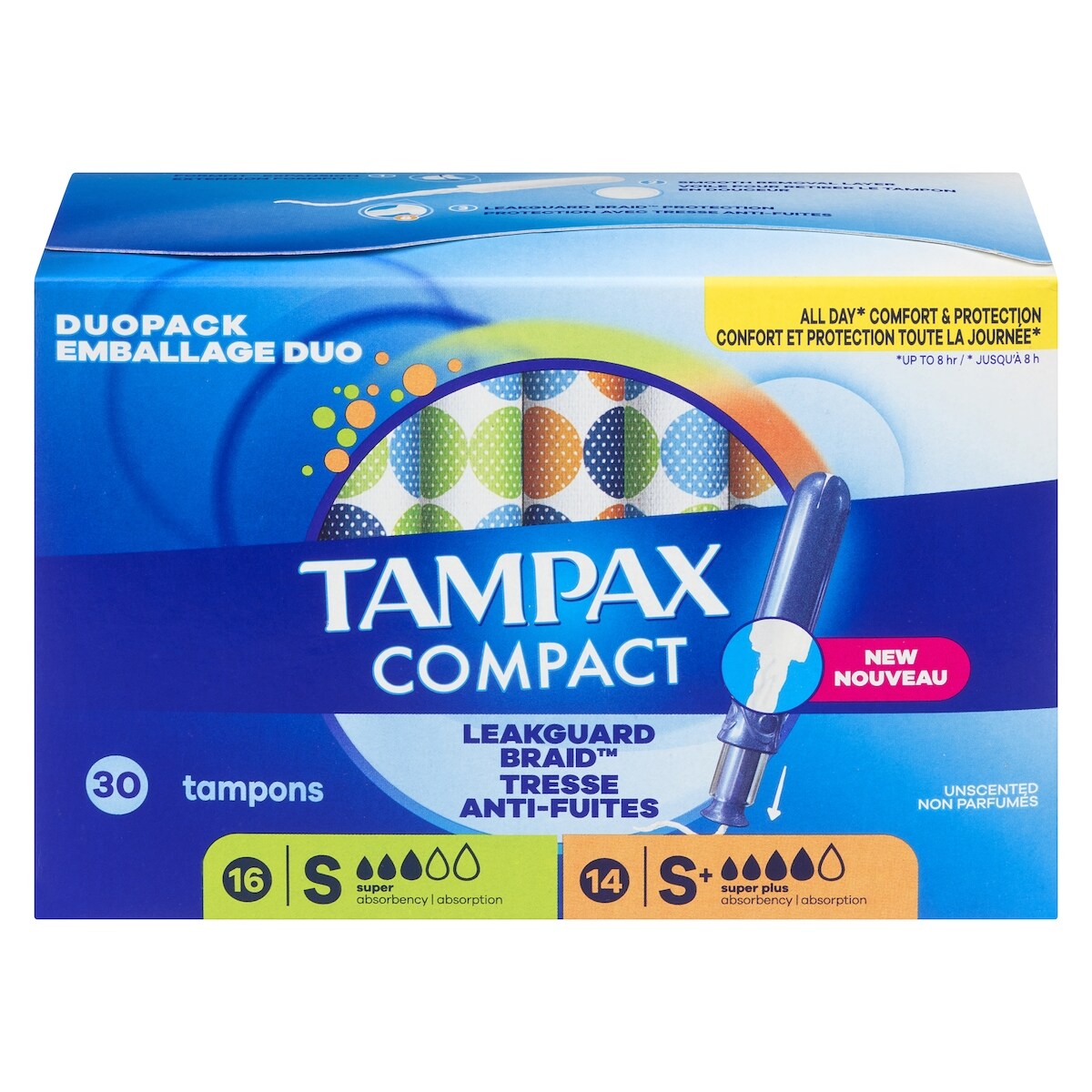 Tampax Tampons Pearl compacts, avec tresse anti-fuites LeakGuard et applicateur extensible, applicateur extensible compact, emballage multiple, degrés d’absorption super/super plus, non parfumés, 30 tampons 30 ea, 0,47 $/1ch