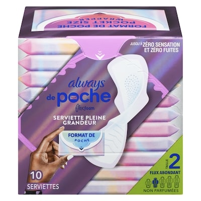Always Serviettes féminines de poche avec FlexFoam, flux abondant, avec ailes, non parfumées, 10 serviettes 10 ea, 0,75 $/1ch