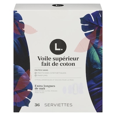 L. Serviettes ultraminces pour femmes, degré d’absorption de nuit, voile supérieur en coton perméable à l’air, non parfumées, avec ailes, 36 serviettes 36 ea, 0,36 $/1ch
