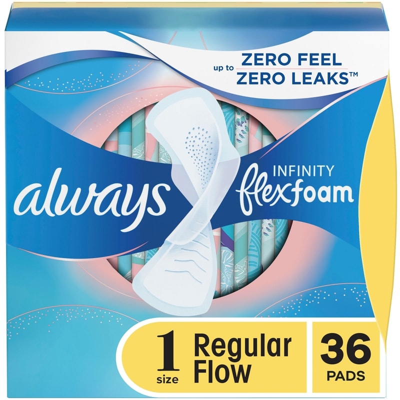Infinity Feminine Pads for Women, Flexfoam Pads with Wings, Size 1, Regular Absorbency, Unscented, 36 CT