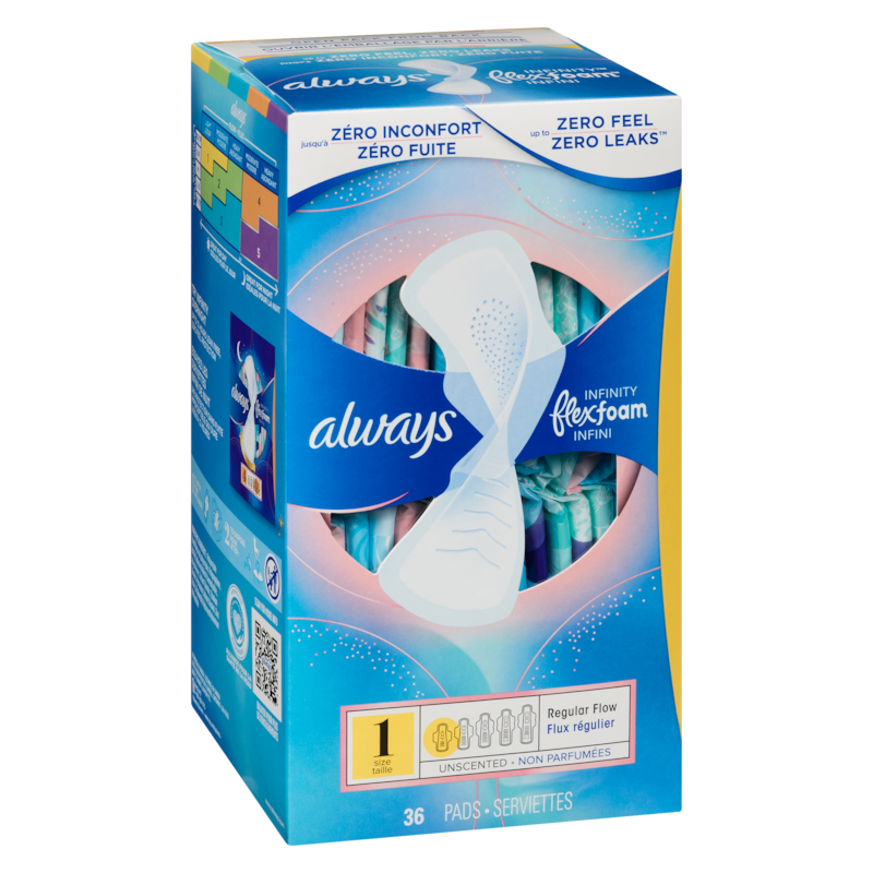 Infinity Feminine Pads for Women, Flexfoam Pads with Wings, Size 1, Regular Absorbency, Unscented, 36 CT