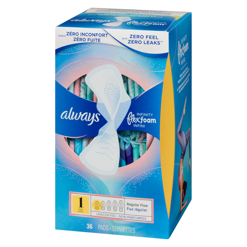 Infinity Feminine Pads for Women, Flexfoam Pads with Wings, Size 1, Regular Absorbency, Unscented, 36 CT